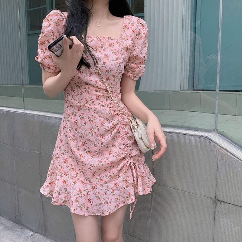 Abito Estivo Moda Manica Corta a Palloncino Scollo Quadrato Stampa Floreale Donna Vestibilità Slim Casual Dolce Semplice Coulisse Linea ad A Abiti da Festa Abbigliamento Femminile