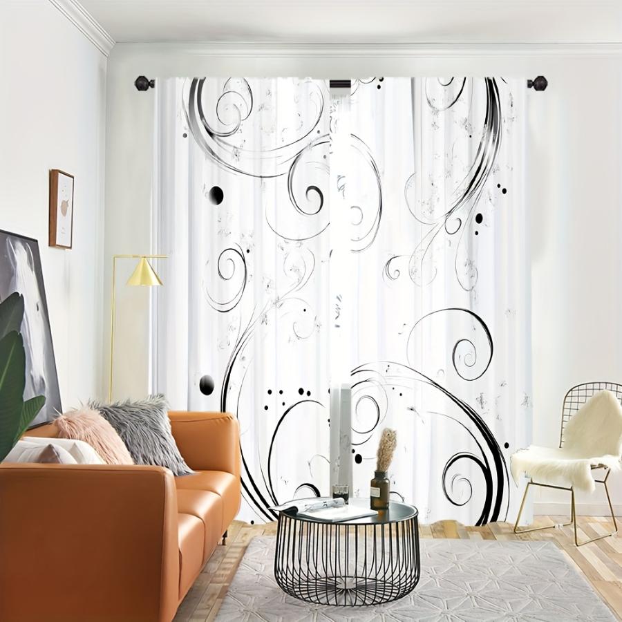 2PCS Digital Printed Curtains, Ink Scroll Pattern Pattern, Artistic Pattern Window Drapes for Living Room Bedroom Decor