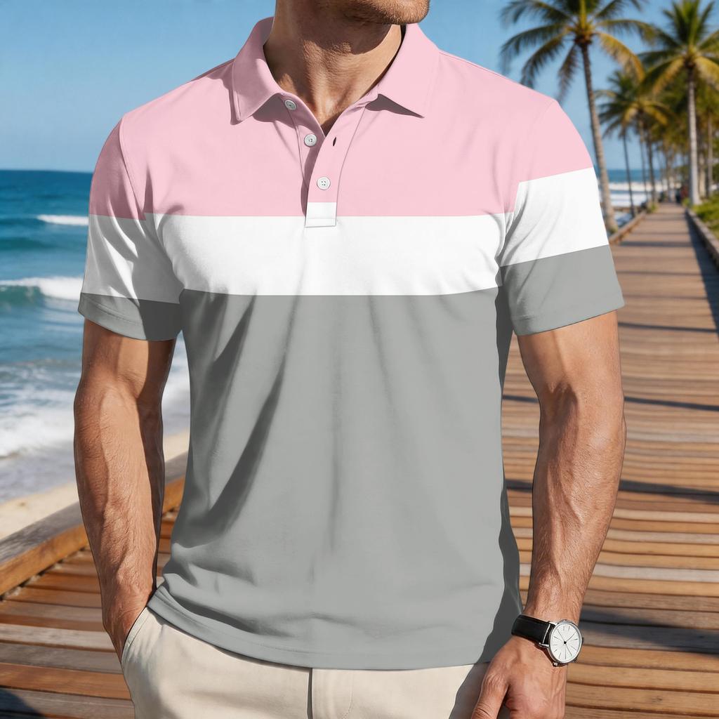 Men’s Loose Fit Striped Print Polo Shirt Short Sleeve Casual Turn Down Collar Lightweight Top for Everyday Wear