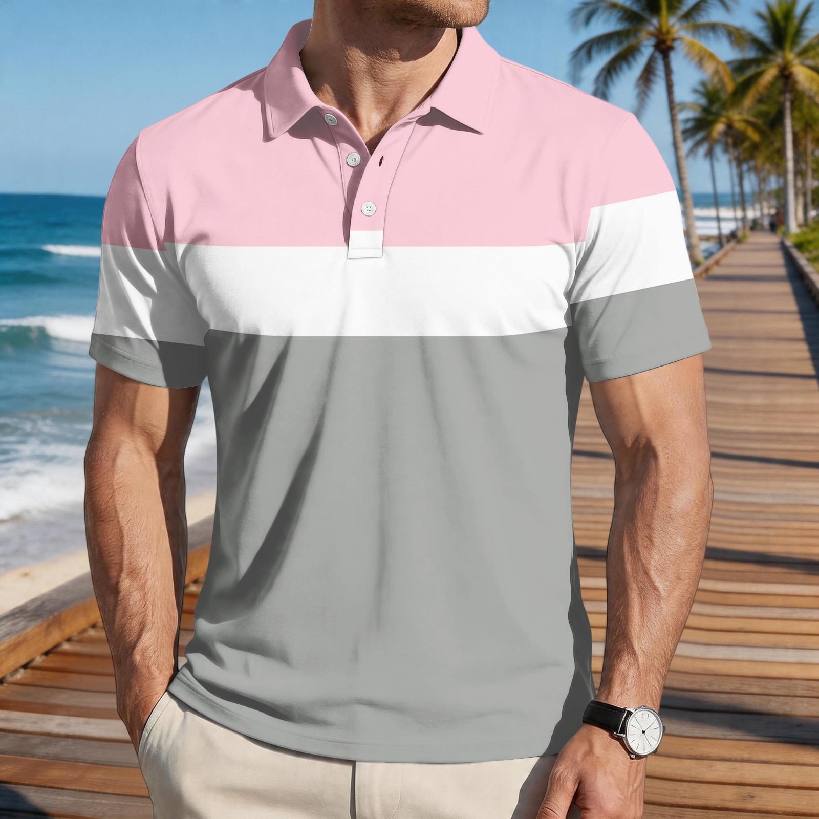 

Men’s Loose Fit Striped Print Polo Shirt Short Sleeve Casual Turn Down Collar Lightweight Top for Everyday Wear XL розовый