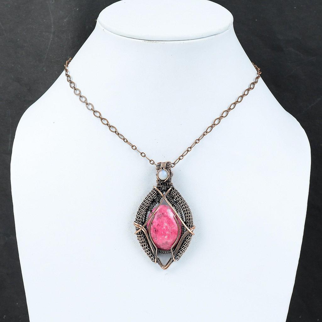 Thulite Pendant Copper Wire Wrapped Rainbow Moonstone Pendant Handmade Pendant Designer Copper Jewelry Gift For Mom Genuine Gemstone Pendant