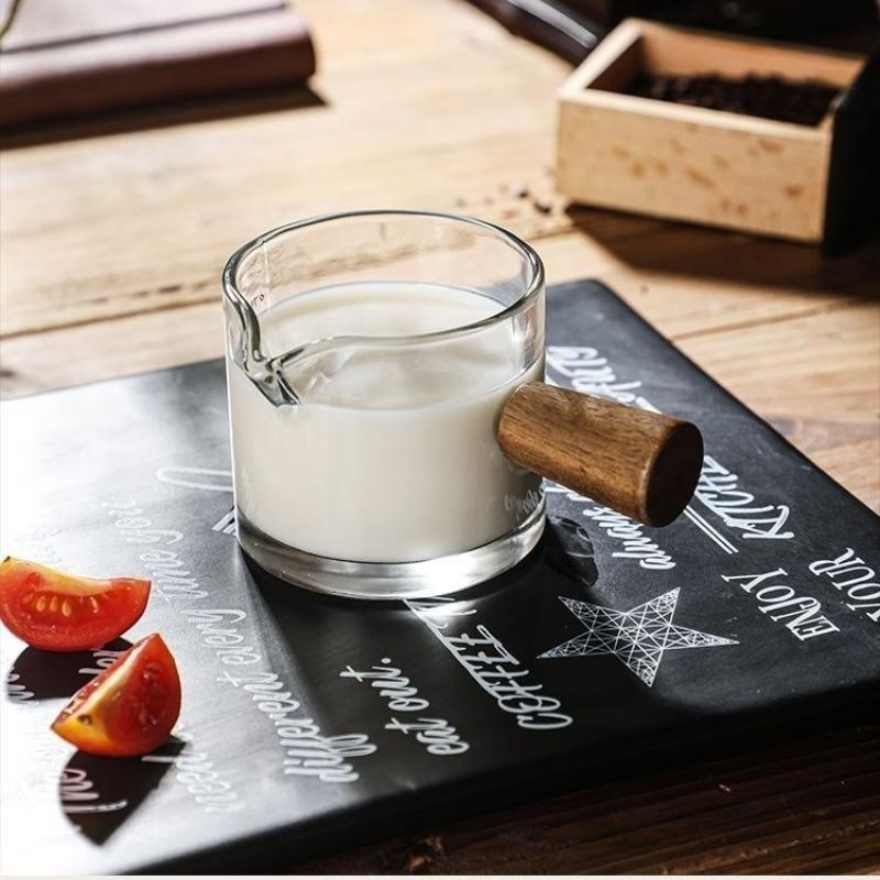 1ks Skleněná odměrka Dřevěná rukojeť Skleněná odměrka na espresso Dvojitý Jednoduchý výtok Hrnek na mléčnou kávu Průhledný Kávové potřeby
