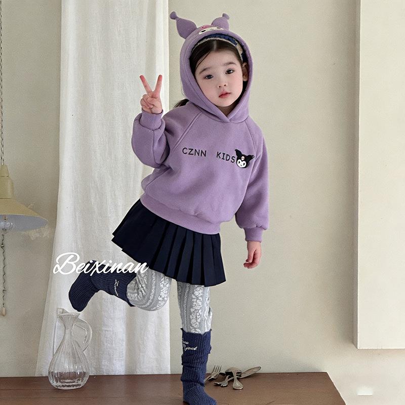 Korean-Style Velvet Hoodie & Pleated Skirt Set for Girls - Autumn/Winter Cartoon Design