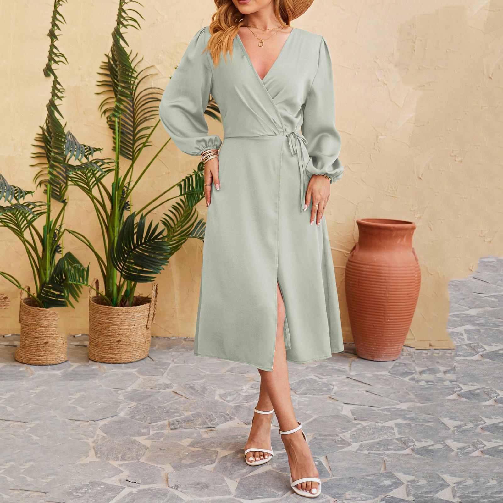 Women s V-Neck Waist Long Sleeve Hem Split Sexy Fashion Dresses L