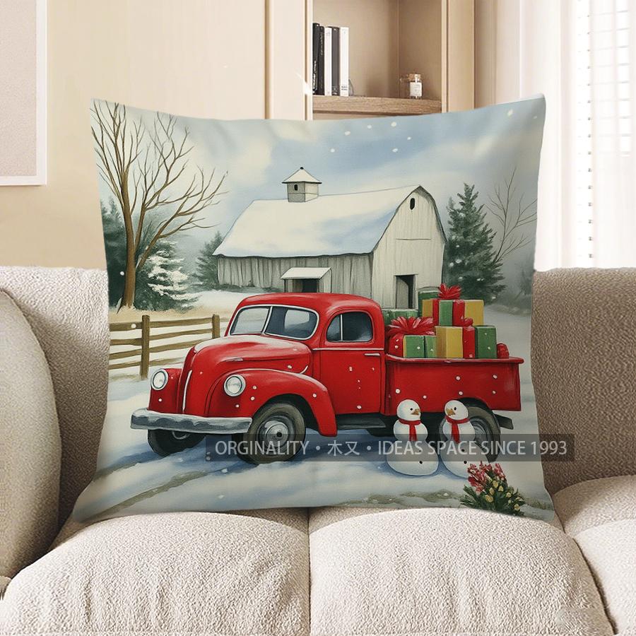 Home Decor Christmas Red Truck with Dog Throw Pillow Pattern Cushion Cover Suitable for Sofa Bedroom Car Pillow Cover