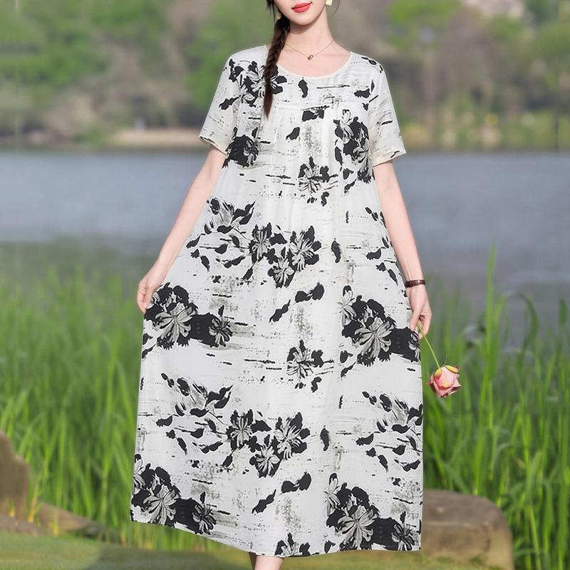 Μεγάλο μέγεθος Φαρδύ Vintage Print Μακρύ Φόρεμα για Γυναικεία Casual κοντομάνικα καλοκαιρινά γυναικεία φορέματα