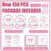 150pcs Pink Bow Party Supplies Bow Birthday Plates Napkins Paper Cup Fork Bow Birthday Decorations for Girl Bachelorette Bridal Engagement Coquette