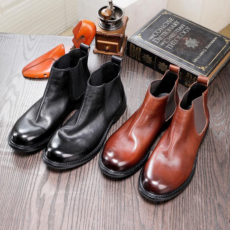 British Style Chelsea Boots Men'S Platform Cowhide Leather Shoes High Top One Pedal Big Head Short Boots Round Head Leather Breathable