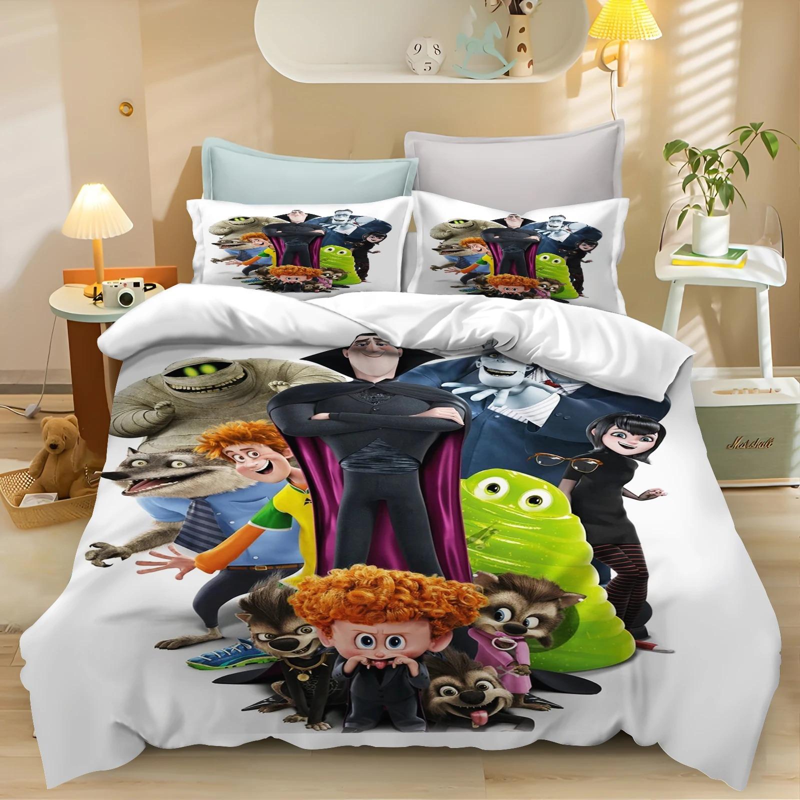 Ensemble de literie dessin animé Hotel Transylvania Housse de couette Halloween, Couvre-lit imprimé 3D pour chambre d'enfant, 2/3 pièces Taille Full/Queen/King 140x200cm (2pcs)