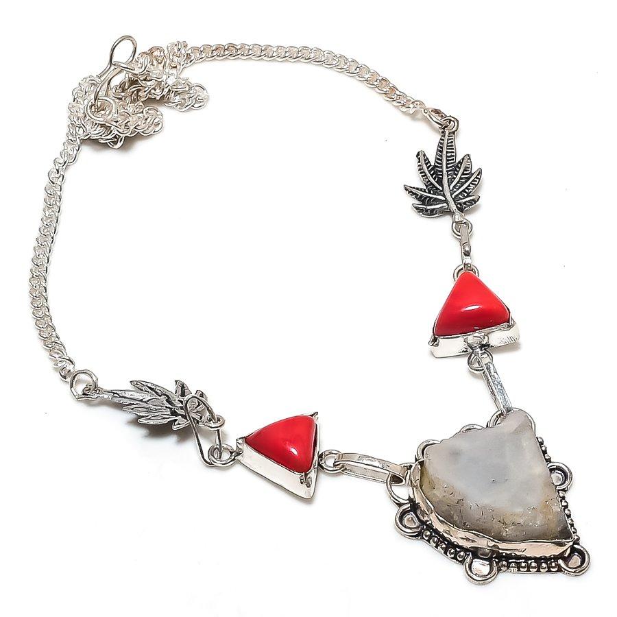Natural Moonstone Rough, Coral 925 Sterling Silver Jewelry Necklace 18" N9b56
