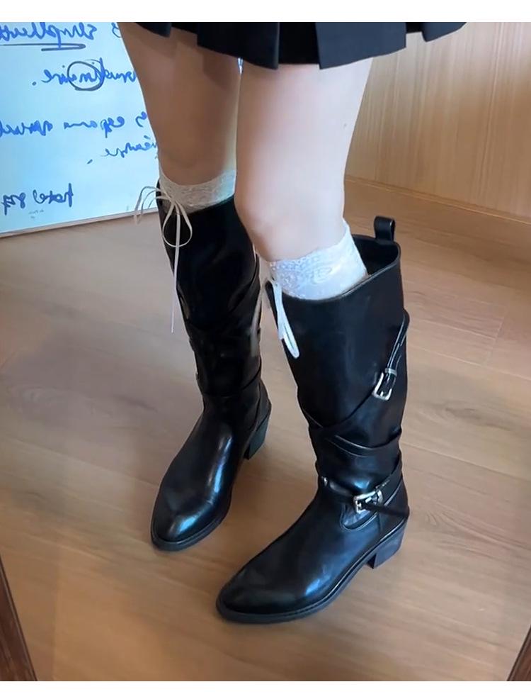 Women's Retro Chunky Heel Genuine Leather Knee-High Boots with Wide Calf and Pointed Toe
