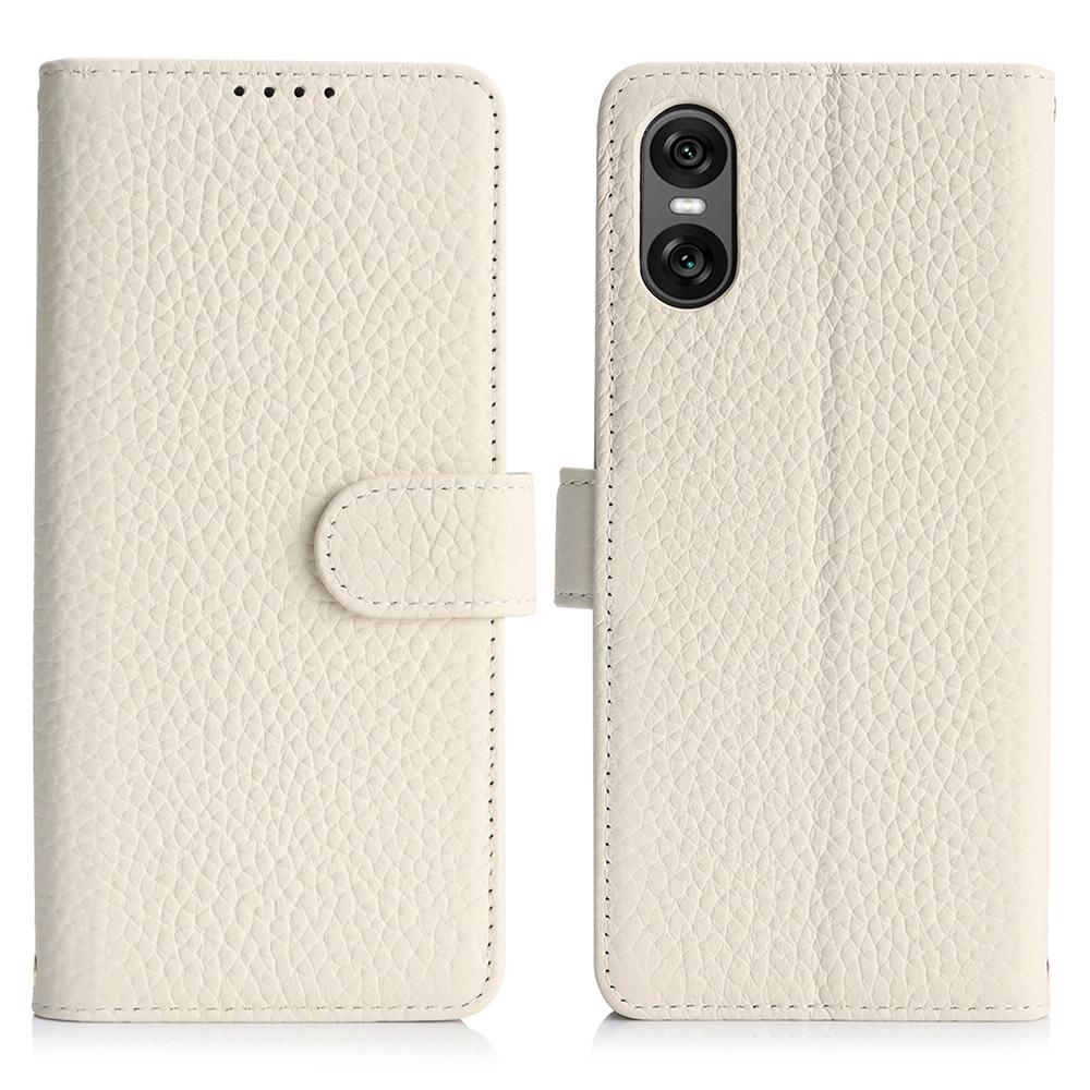 For Sony Xperia 10 VI Stand Case Litchi Texture Genuine Cow Leather Wallet Phone Cover RFID Blocking
