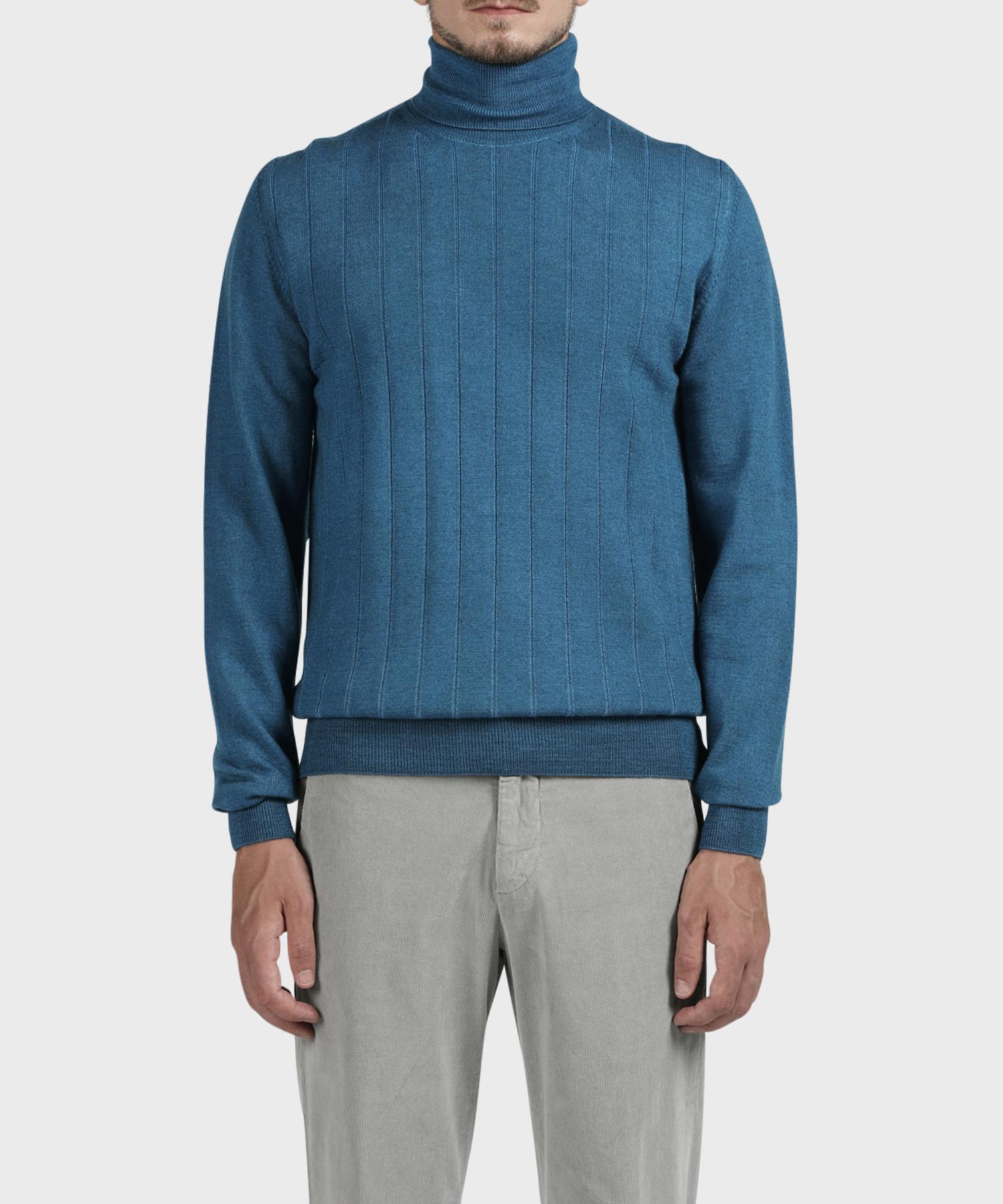 Panicalle Blue 100% Merino Wool Striped Turtleneck Knit Blue/L