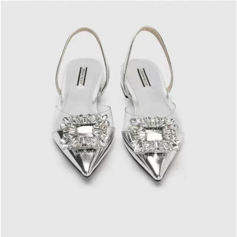 Designer Woman Fashion Sexy Banquet Comfort Crystal Transparent Solid Color Pointed Toe Women Low Heel Sandals Zapatos De Mujer