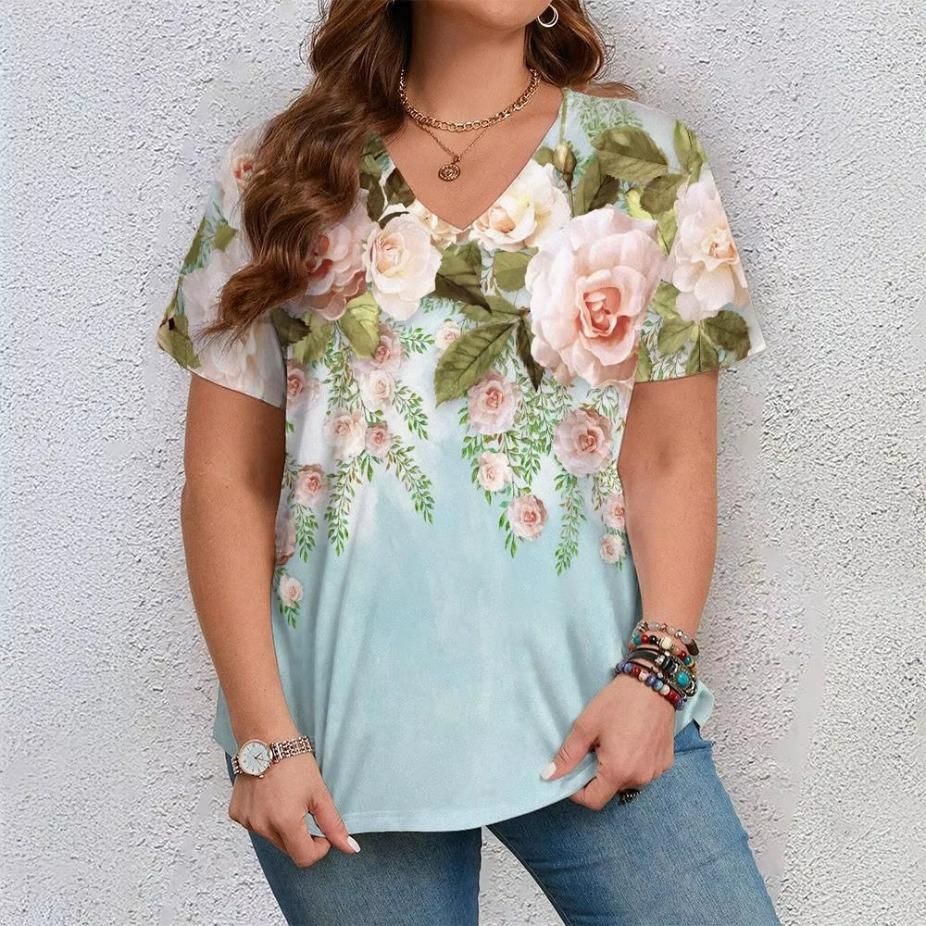 

Повседневная Универсальная Модная Тенденция Высококачественная Футболка с Коротким Рукавом и V-образным Вырезом с Цветочным Узором S