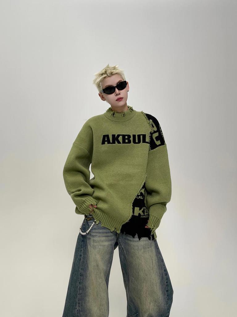 Unisex Color Block Distressed Knit Cardigan - Autumn/Winter Loose Fit Sweater