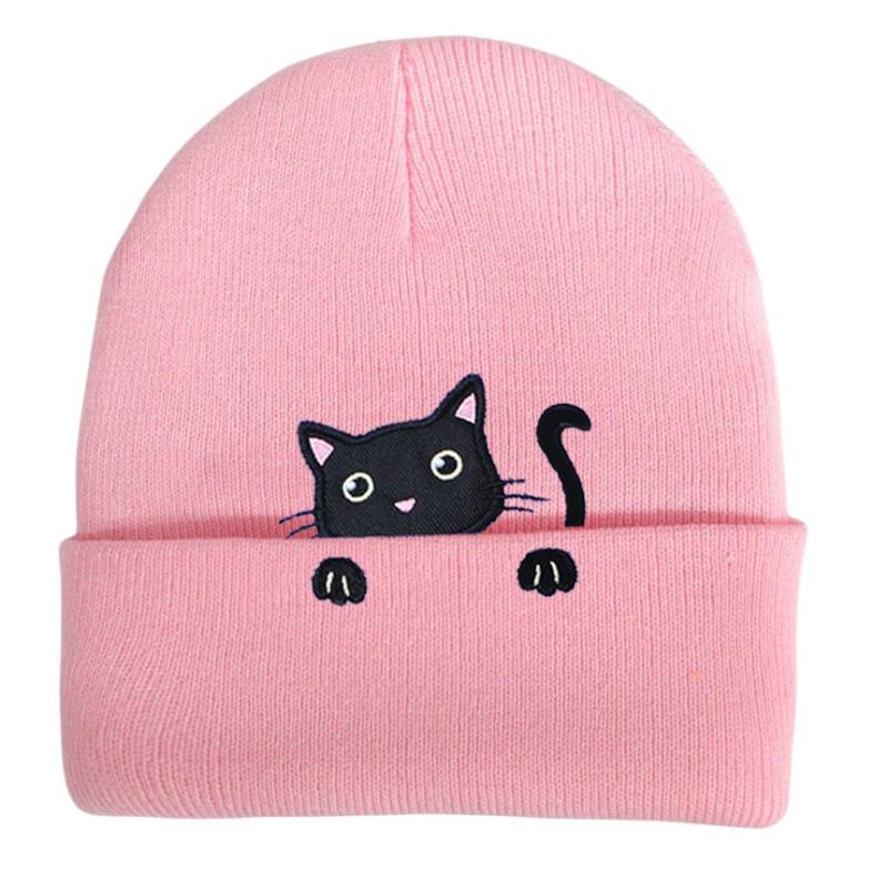 Winter Female Cat Embroidered Bonnets Cute Cat Acrylic Knitted Hats Soft Warm Beanies For Women Men