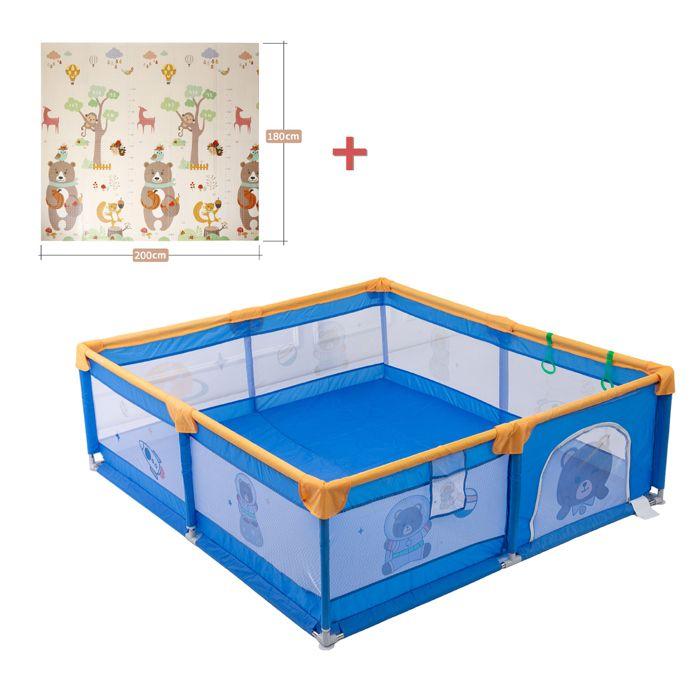 Parc Bébé avec 60 boules-Avec Tapis-2 Anneaux de Traction-Portable Centre d'activités Pour Enfants-180x200x65cm-Bleu