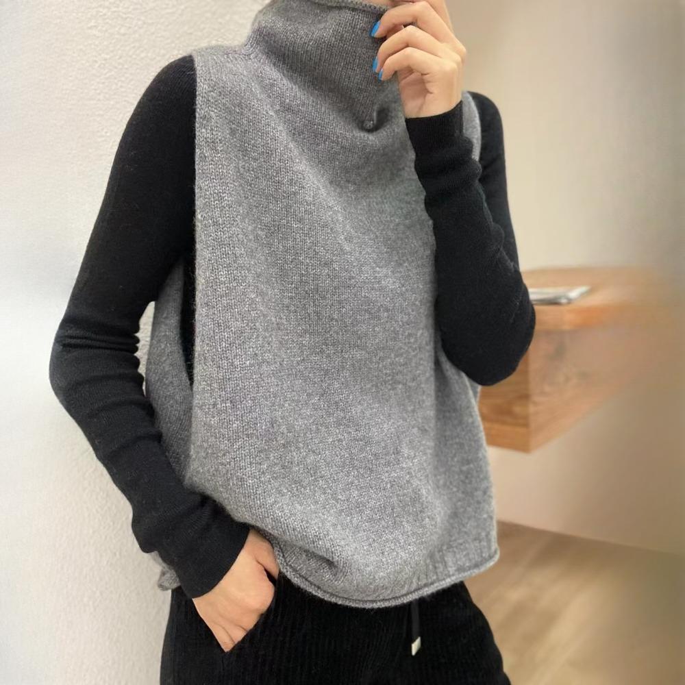 IHUASU Autumn and Winter Stacked Wool Waistcoat Waistcoat Knitted Shoulders Loose Jumper High Collar Thin Thick Large Size Women's Clothing