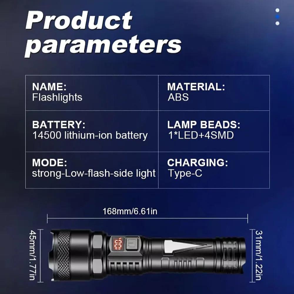 Upgraded Super Bright Flashlight USB Rechargeable with Side Lamp Built-in Battery Torch for Outdoor Emergency Camping Use