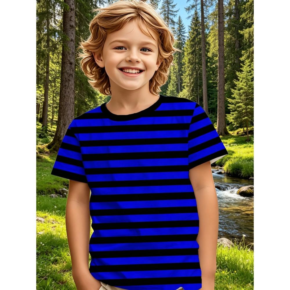 Blue and white striped childlike T-shirt, simple style, fresh and fashionable round neck top, fun children s fashion 100