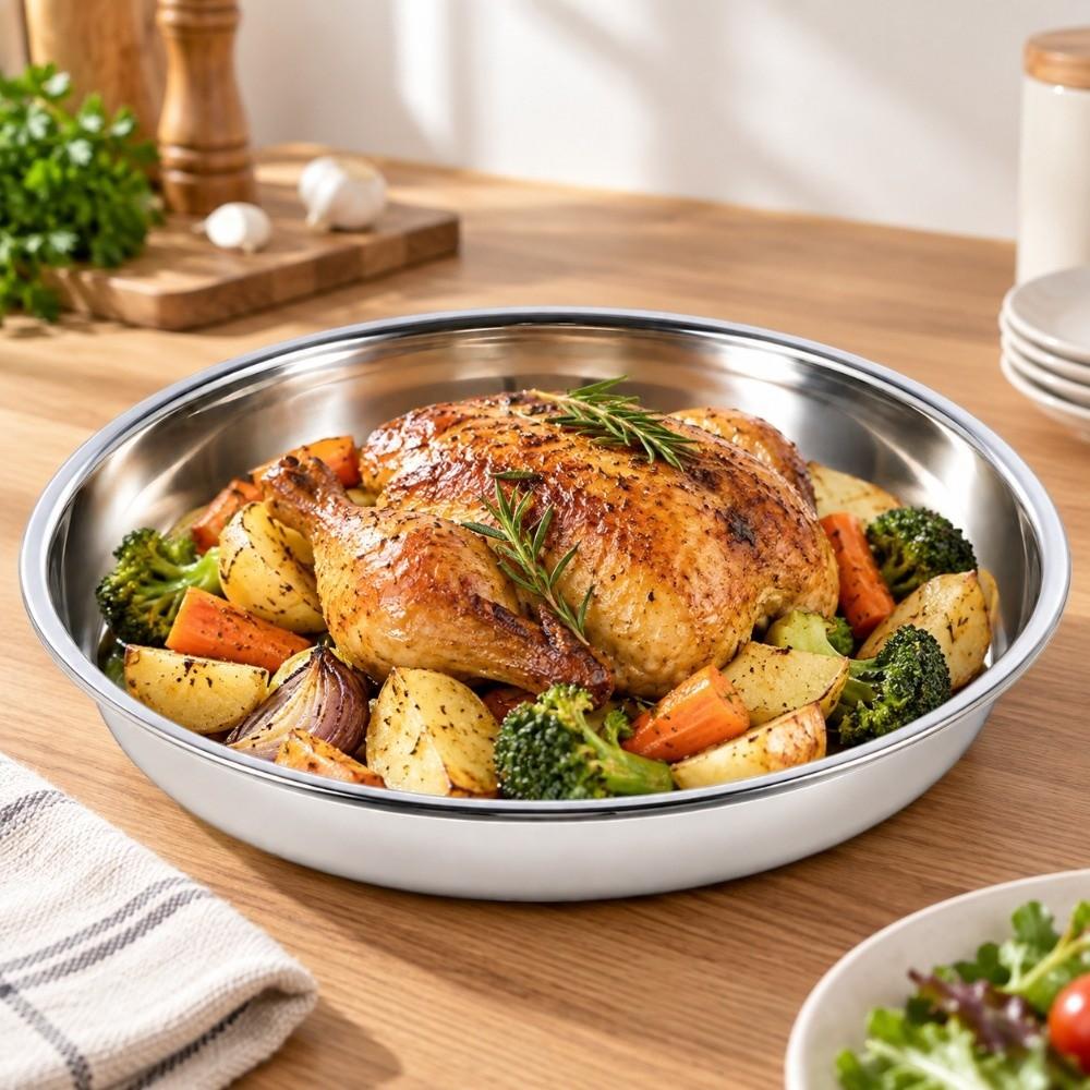 Rustproof Round Plate Shallow Tray Flat Stainless Steel Dining Dish Durable Food Container BBQ