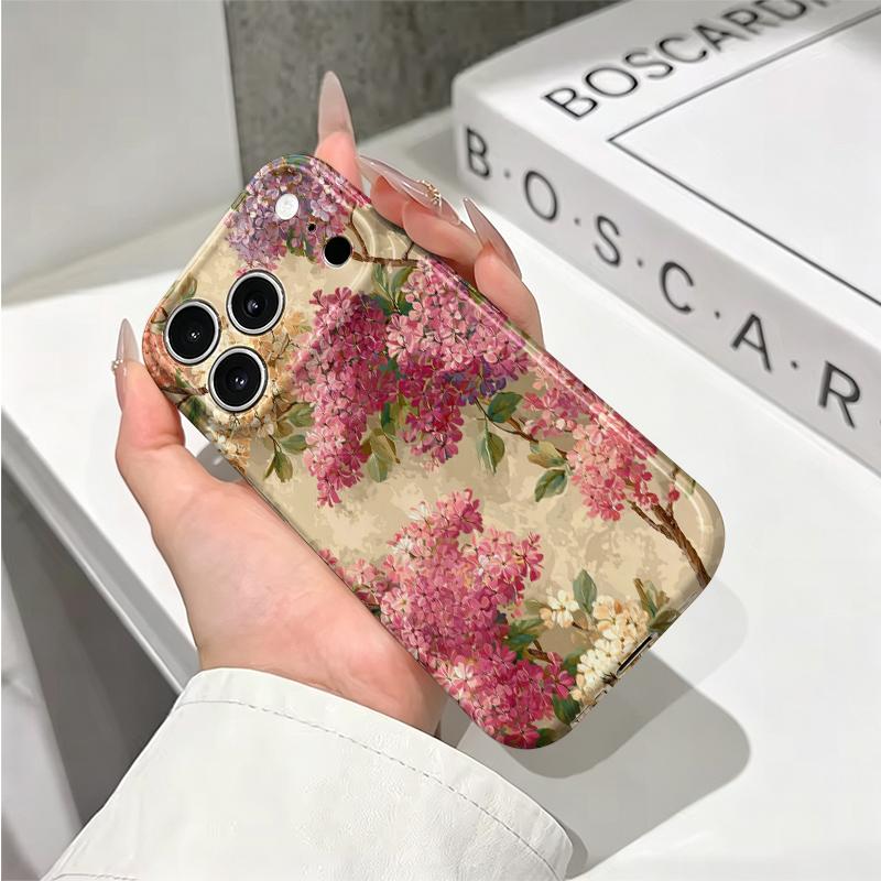 Romantic Classic Pink Lilac Floral Pattern Art Film Aesthetic Protective Shockproof Bumper Phone Case Cover For iPhone 14 15 16 Pro Max Plus
