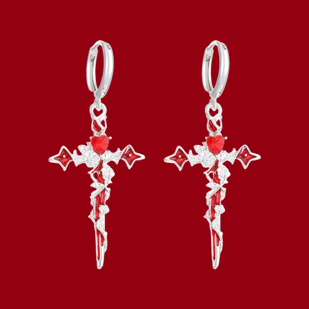Punk Charm Sliver Color Rose Flowers Winding Red Drip Glaze Cross Heart Hoop Earrings Necklace for Women Stainless Steel Jewelry