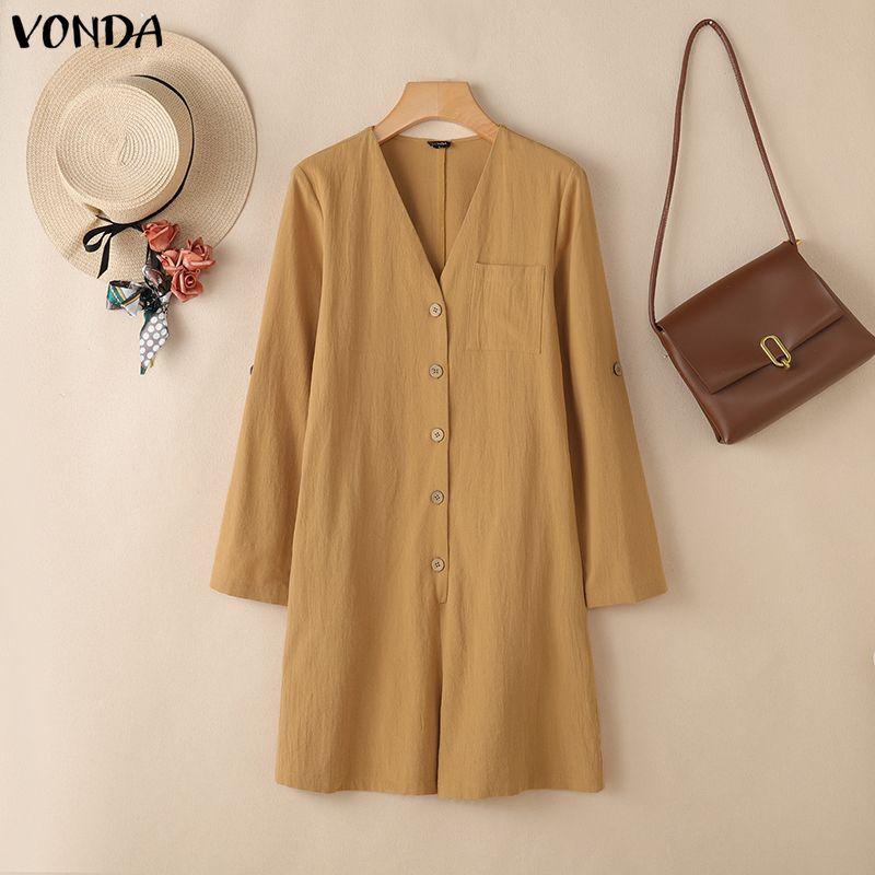 

VONDA Vintage Women Casual V Neck Casual Loose Long Sleeve Buttons Shirt Dress M