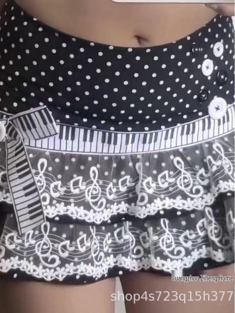 

Y2K French Niche Girls Polka Dot Lace Music Note Skirt Extra Large чорний