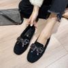 Fashion Crystal Bowknot Women fur flats winter warm plush cotton loafers female square toe beads strings mink fur moccasins big size 42
