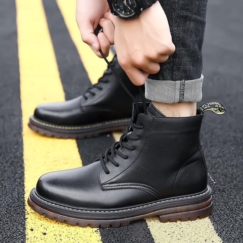 Casual British style boots, velvet thick-soled lace-up rhubarb boots, new cowhide Martin boots for men