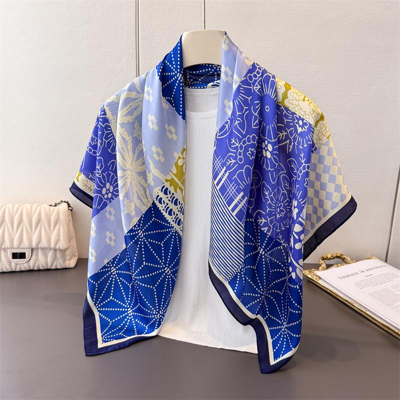 Contrasting Color Splicing Satin Simulation Silk Printing Large Square Scarf Silk Scarf Shawl Headscarf Neck Protection Scarf