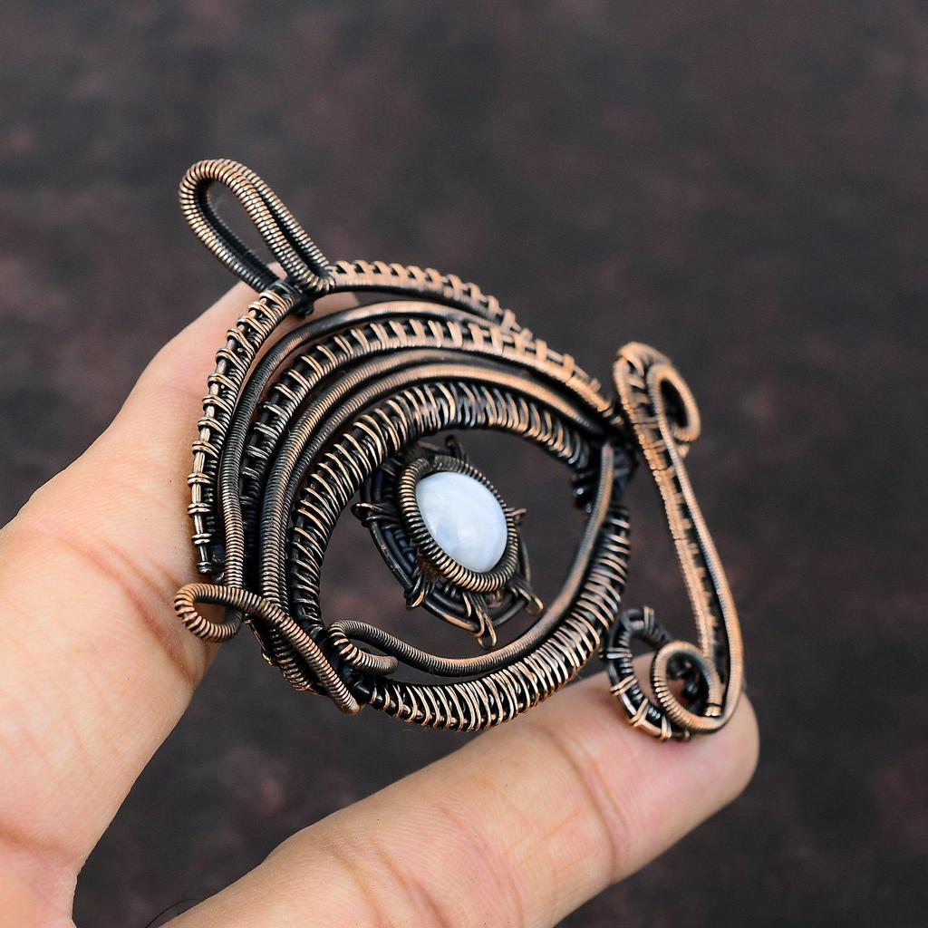 Evil Eye Blue Lace Agate Pendant Copper Wire Wrapped Jewelry Handmade Gemstone Pendant Evil Eye Jewelry Wire Pendant Copper Pendant For Gift