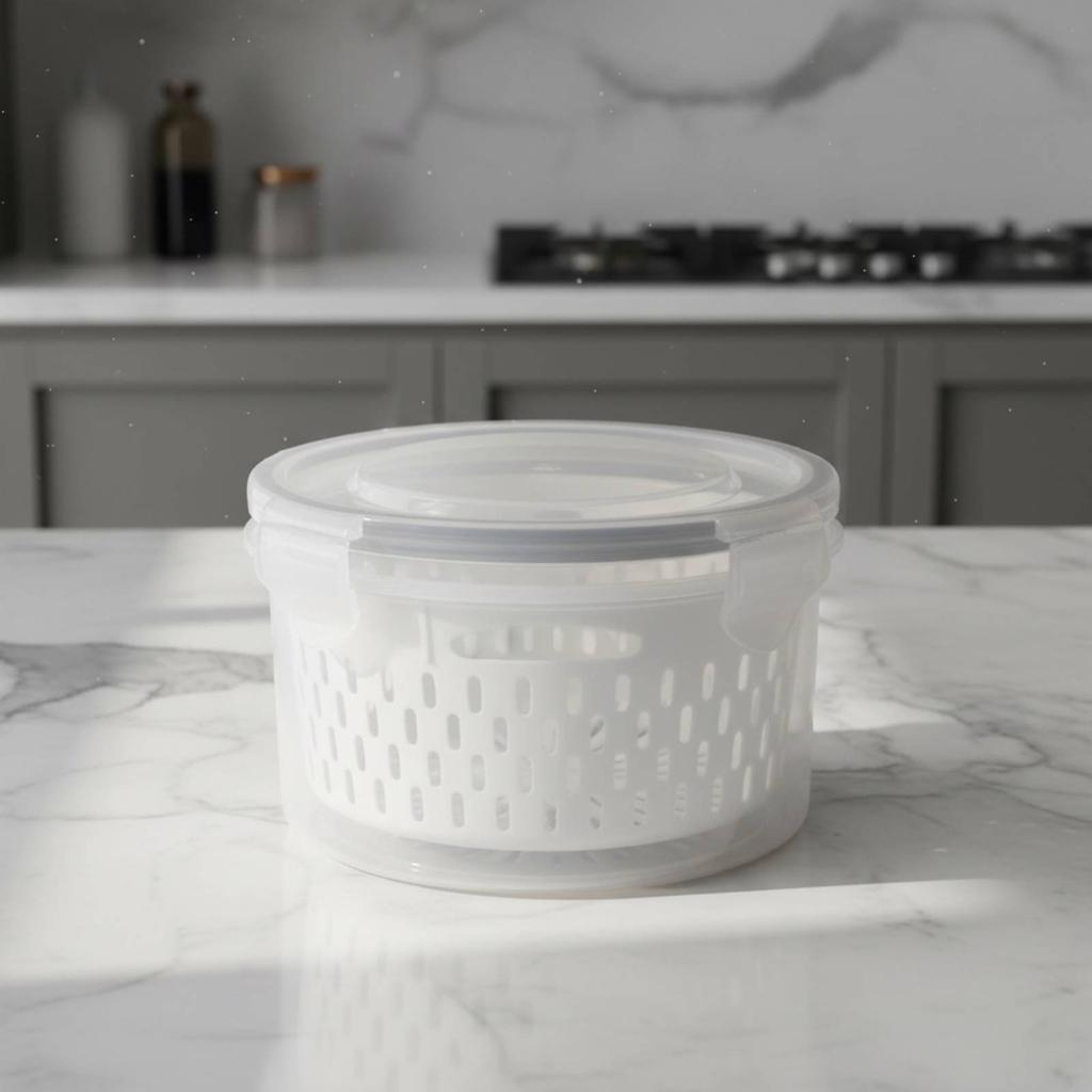 Round Food Container with Colander Microwave Safe Refrigerator Produce Storage with Lid Airtight Produce Crisper Box Leakproof