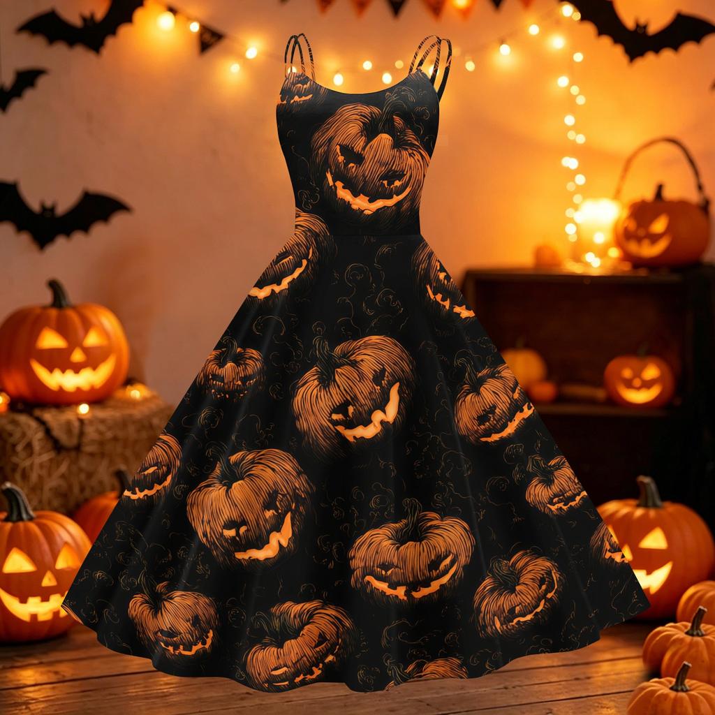Women's Halloween Pumpkin Print Off Shoulder Dress Vintage Punk Style Flared Skirt Sleeveless Spaghetti Strap Dress