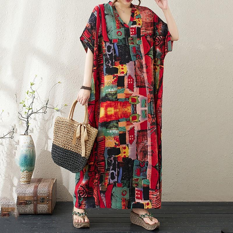 Short sleeve Plus size Cotton vintage floral new in dresses for women casual loose maxi long summer dress