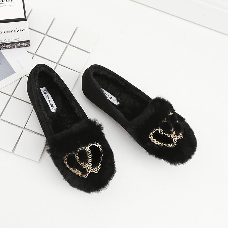 

Модные туфли со стразами и двойным сердцем, меховые, замшевые, неглубокие, мокасины, однотонные, неглубокие, зимние туфли для женщин, размер плюс 41 4.5 чёрный