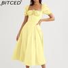 BITCED Spring/Summer Long Dress Women's Commuter Puff Sleeve Tie-Waist Slit Dress