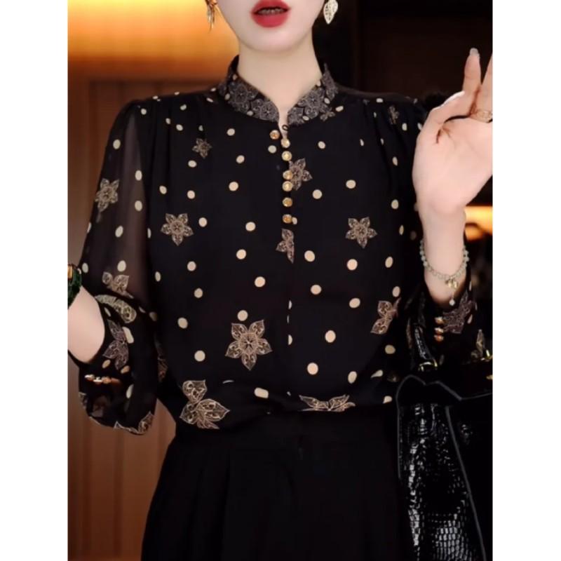 Women's Spring Elegant Polka Dot Print Stand Collar Pullover Shirt with Buttons Ladies Loose Fit Slimming Top