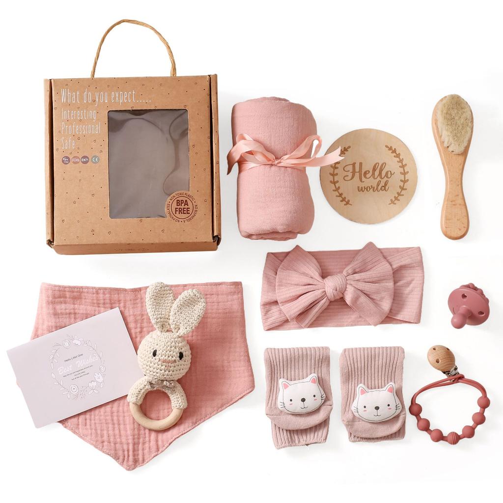 Newborn Gift Set Baby Full Moon Memorial Milestone Photo Props Non-toxic Customized Color Cotton Multifunction Rabbit Rattle Set