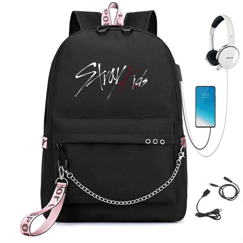 

StrayKids Backpack Peripheral Chain Backpack USB Rechargeable Leisure Bag Travel Backpack