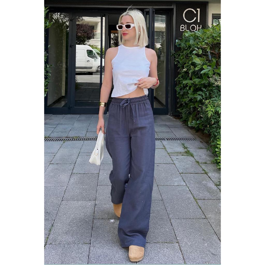 Grüne Weitbeinige Musselin Damen Hose Mg1980