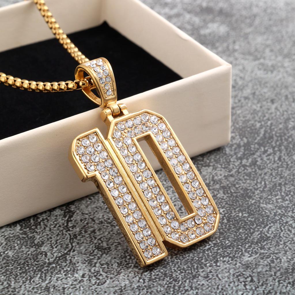 European & American Unisex Stainless Steel Pendant Necklace with Diamond Inlaid Number Design