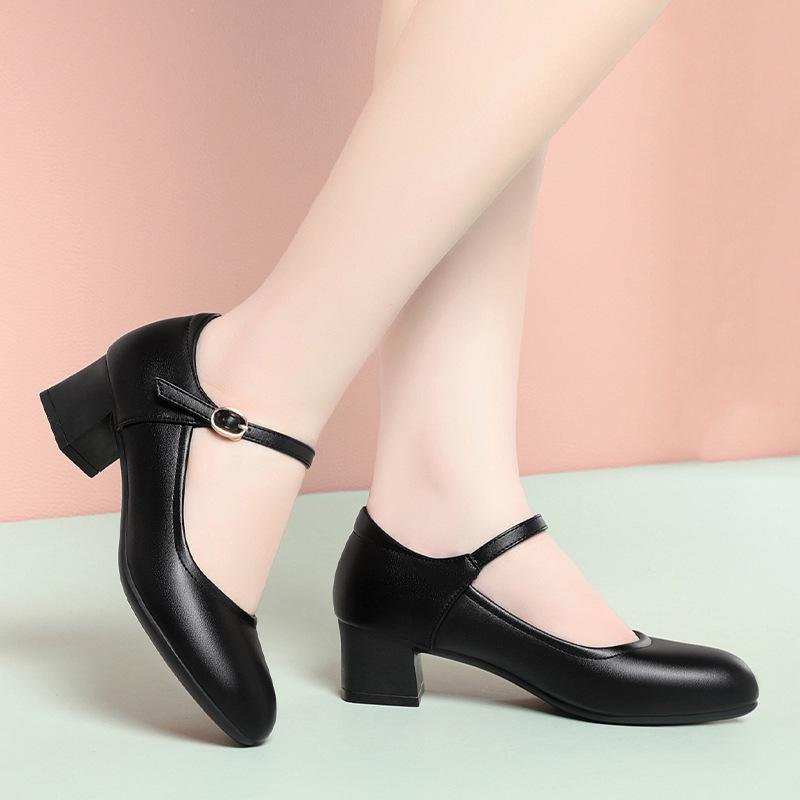 Cheongsam Catwalk Shoes Women's Medium Heel Leather Shoes Thick Heel Work Shoes One-button Black Round Head Professional Single Shoes