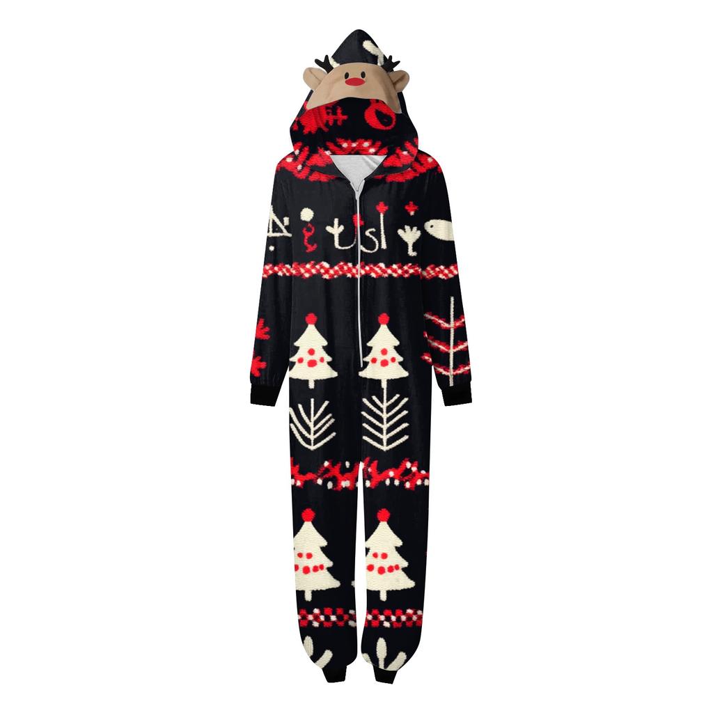 Christmas Print Family Matching Hooded Long Sleeved Zippered Jumpsuit Set