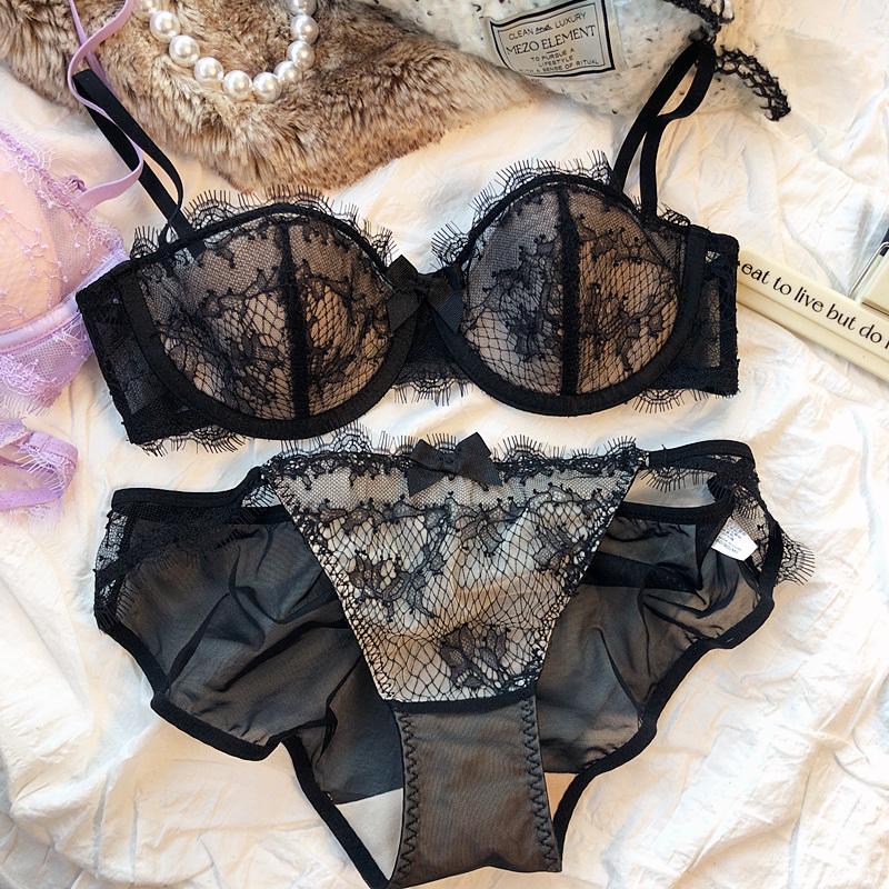 

Французский комплект нижнего белья, сексуальный бюстгальтер с вышивкой из кружева и ресниц, женский бюстгальтер с чашкой пуш-ап 1/2, комплект нижнего белья и трусиков для маленькой груди 85B чёрный