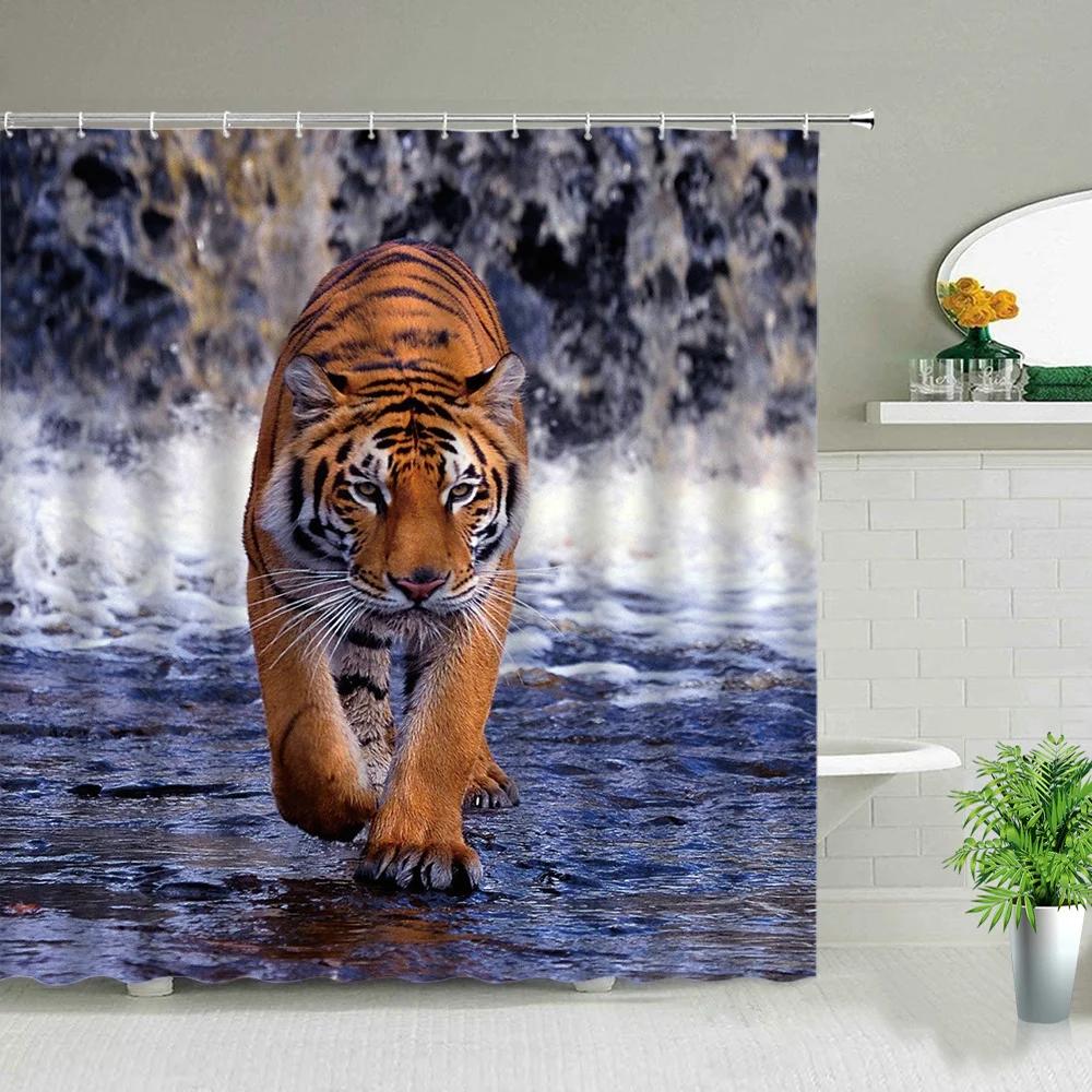 Africa Grassland Wild Animals Printed Shower Curtains Tiger Lion Waterproof Fabric Bathroom Curtains Bathtub Decor with Hooks
