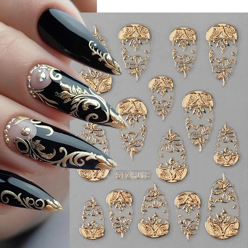 French Tips Nail Sticker 5D Embossed Crystal French Nail Decals Gold Silver Black Line Design Adhesive Slider Nails Art