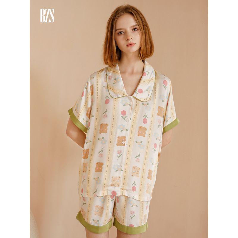 2024 Cute Cartoon Women's Pajamas Rayon Satin Short Sleeve Pants Soft Comfortable Can Be Outerwear Homewear Suit